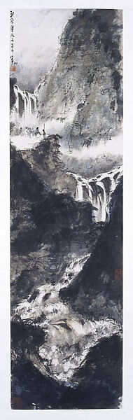 Viewing a Waterfall from a Mountain Ridge, Fu Baoshi (Chinese, 1904–1965), Hanging scroll; ink and color on paper, China 