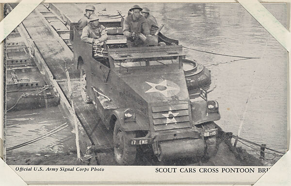 Scout Cars Cross Pontoon Bridge from Military--Official Photos cards (W615), Commercial photolithograph 