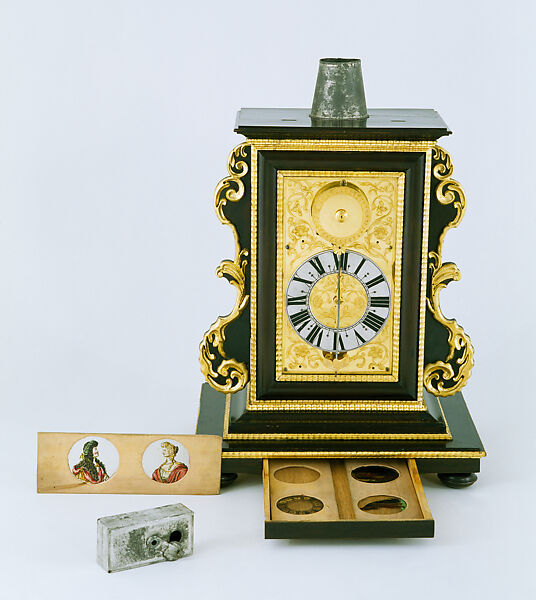 Magic lantern clock, Matthias Gaill (German, 1633–1705), Pine, pearwood (stained), tin, sheet steel (tin-plated), brass (some gilded), glass., German, Friedberg 