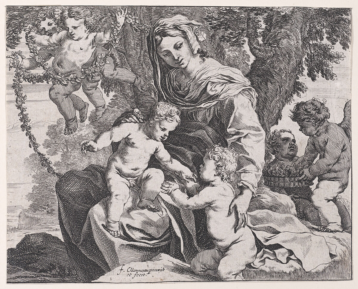 The Virgin with Christ Child and Saint John the Baptist, François Chauveau (French, Paris 1613–1676 Paris), Etching 