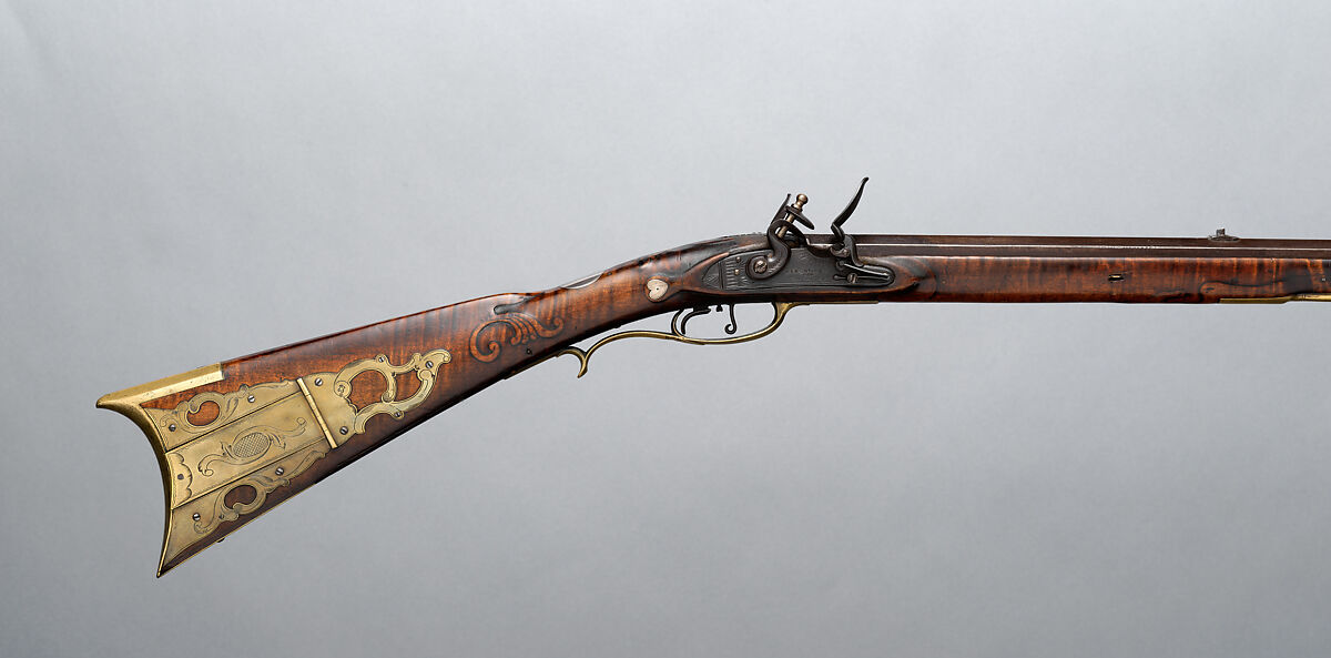 Flintlock Longrifle, David Cooley (American, Pennsylvania 1790–1856), Wood (curly maple, ash), steel, silver, brass, American, Heidlersburg, Tyrone Township, Adams County, Pennsylvania 