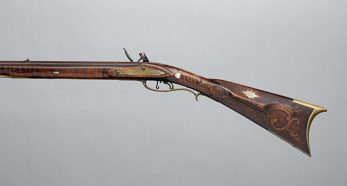 Flintlock Longrifle, David Cooley (American, Pennsylvania 1790–1856), Wood (curly maple, ash), steel, silver, brass, American, Heidlersburg, Tyrone Township, Adams County, Pennsylvania