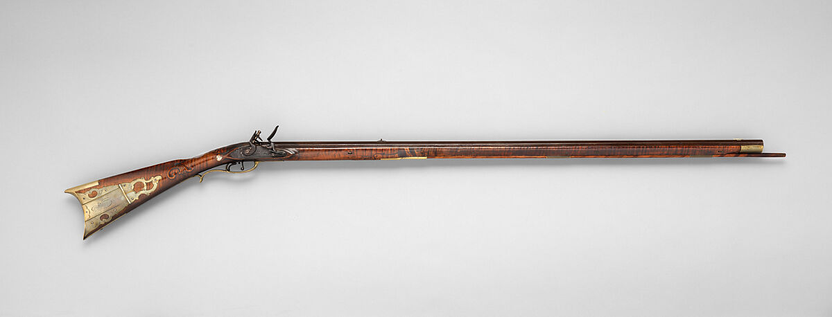 Flintlock Longrifle, David Cooley (American, Pennsylvania 1790–1856), Wood (curly maple, ash), steel, silver, brass, American, Heidlersburg, Tyrone Township, Adams County, Pennsylvania