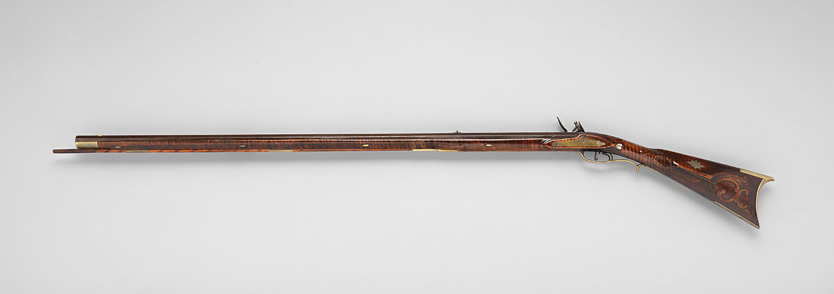 Flintlock Longrifle, David Cooley (American, Pennsylvania 1790–1856), Wood (curly maple, ash), steel, silver, brass, American, Heidlersburg, Tyrone Township, Adams County, Pennsylvania