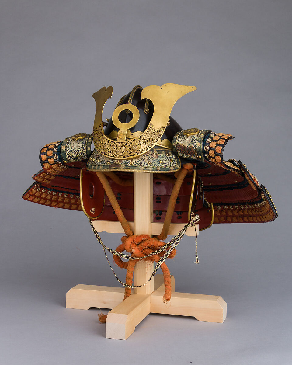 Helmet in the <i>Zenshōzan</i> Style with Case, Helmet: steel, lacquer, copper alloy, gold, leather, textile; case: wood, lacquer, Japanese