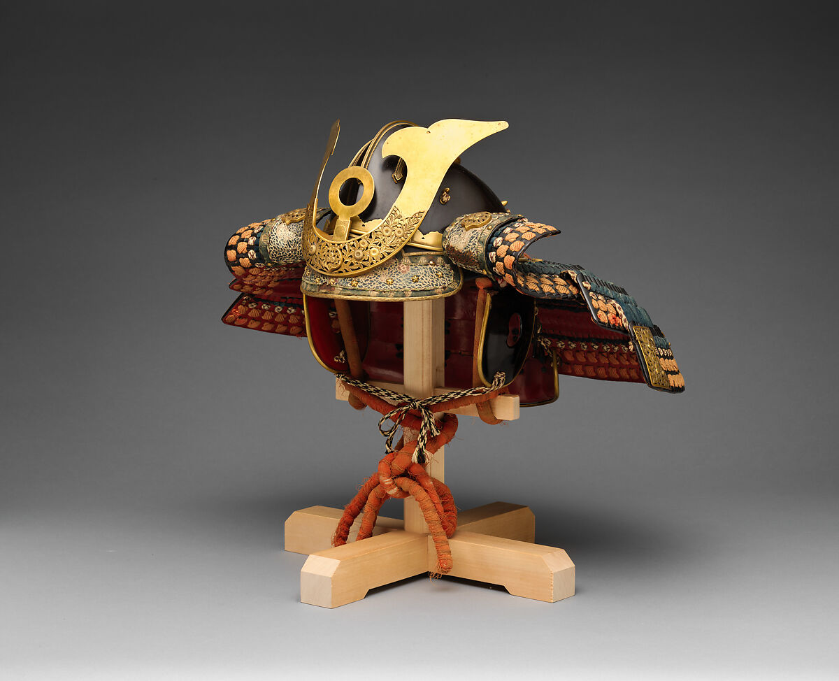 Helmet in the <i>Zenshōzan</i> Style with Case, Helmet: steel, lacquer, copper alloy, gold, leather, textile; case: wood, lacquer, Japanese 