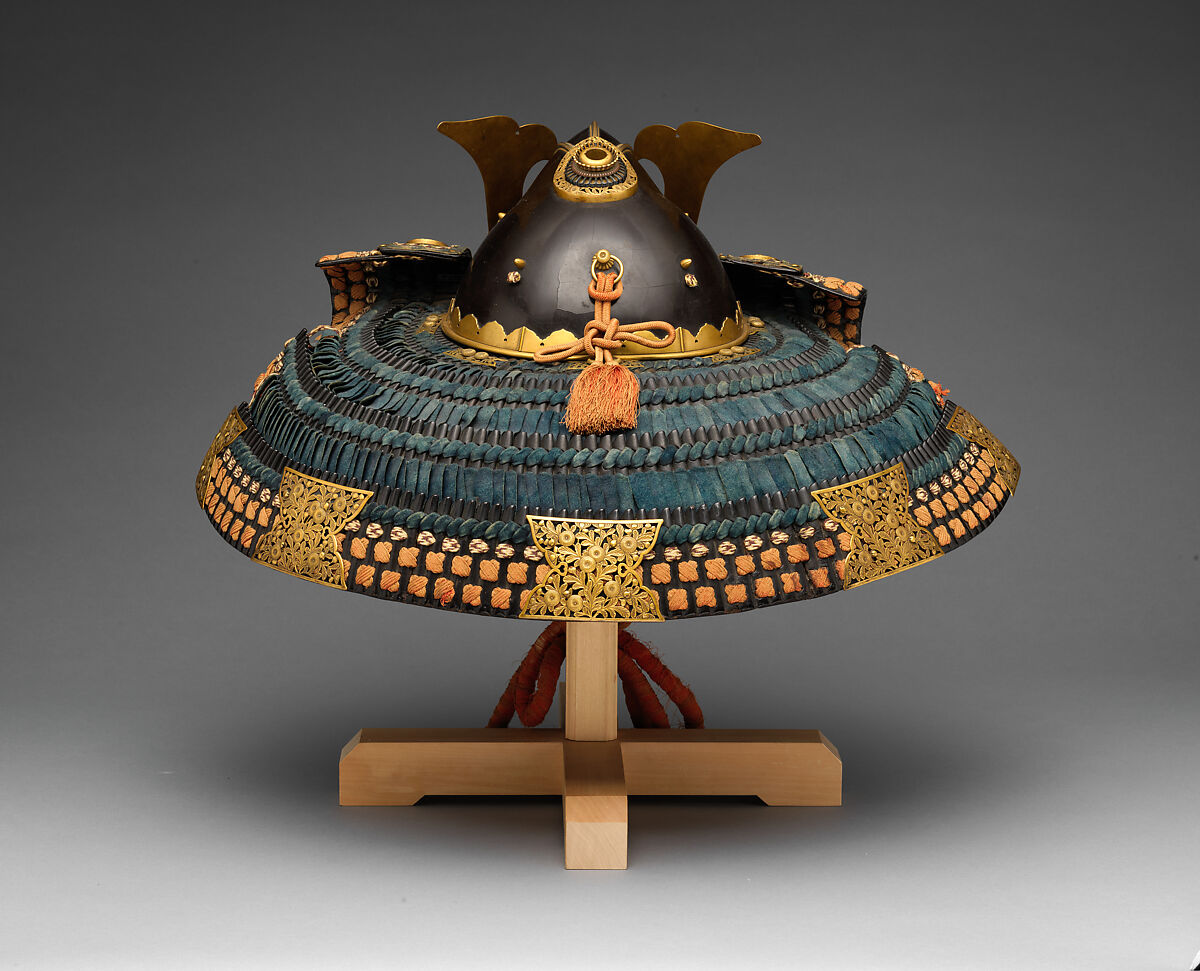 Helmet in the <i>Zenshōzan</i> Style with Case, Helmet: steel, lacquer, copper alloy, gold, leather, textile; case: wood, lacquer, Japanese