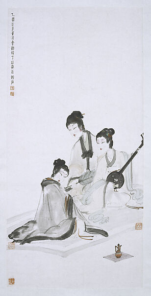 Playing the Ruan, Fu Baoshi (Chinese, 1904–1965), Hanging scroll; ink and color on paper, China 
