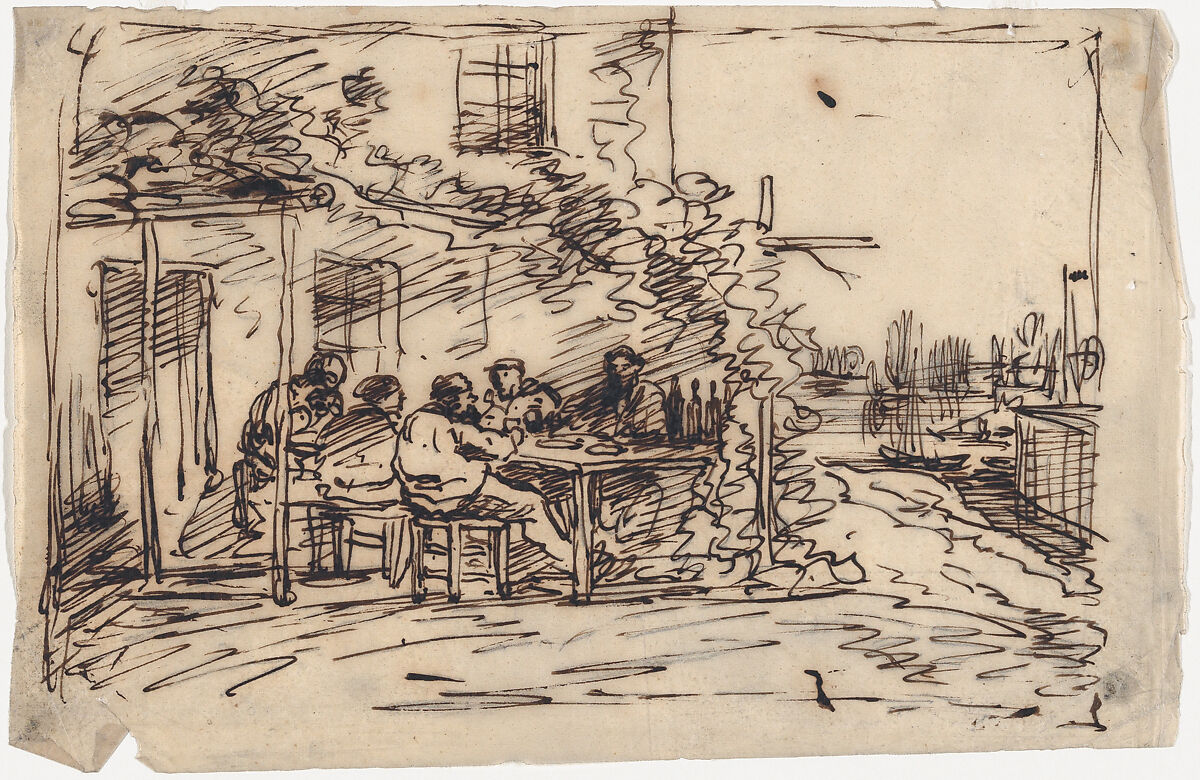 Lunch at Asnières Before Departing, Charles-François Daubigny (French, Paris 1817–1878 Paris), Pen and ink on tracing paper, redrawn in graphite on verso 