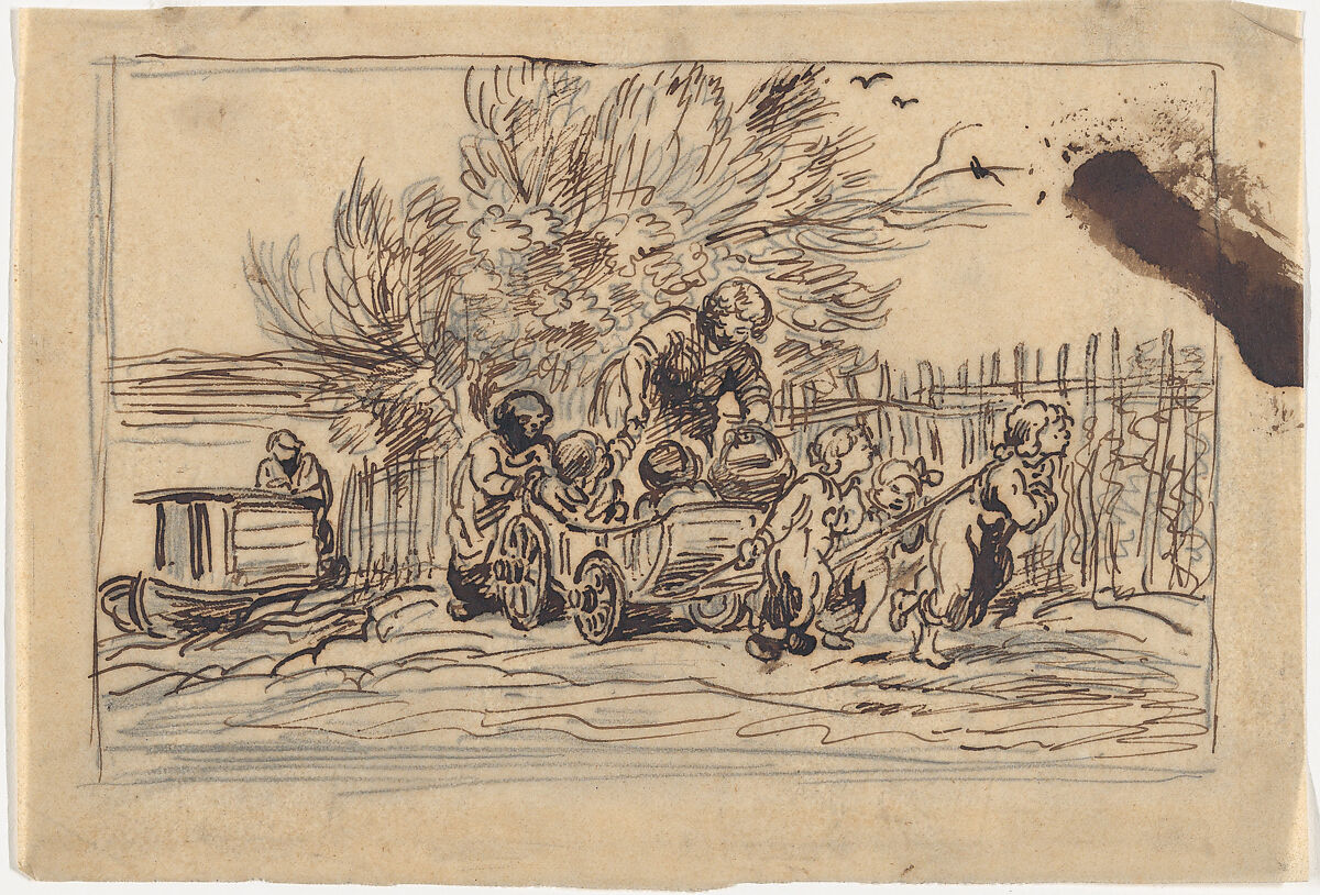 Taking Over the Cart or Children with the Cart, Charles-François Daubigny (French, Paris 1817–1878 Paris), Pen and ink on tracing paper, redrawn in graphite on verso 