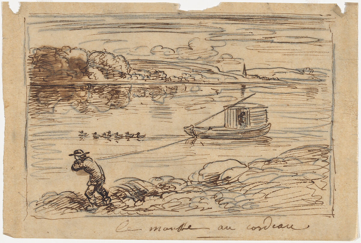 Cabin Boy Hauling the Tow-Rope or Hauling by Rope, Charles-François Daubigny (French, Paris 1817–1878 Paris), Pen and ink on tracing paper, redrawn in graphite on verso 