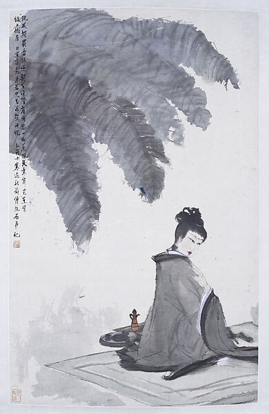 Beauty under a Banana Palm, Fu Baoshi (Chinese, 1904–1965), Hanging scroll; ink and color on paper, China 