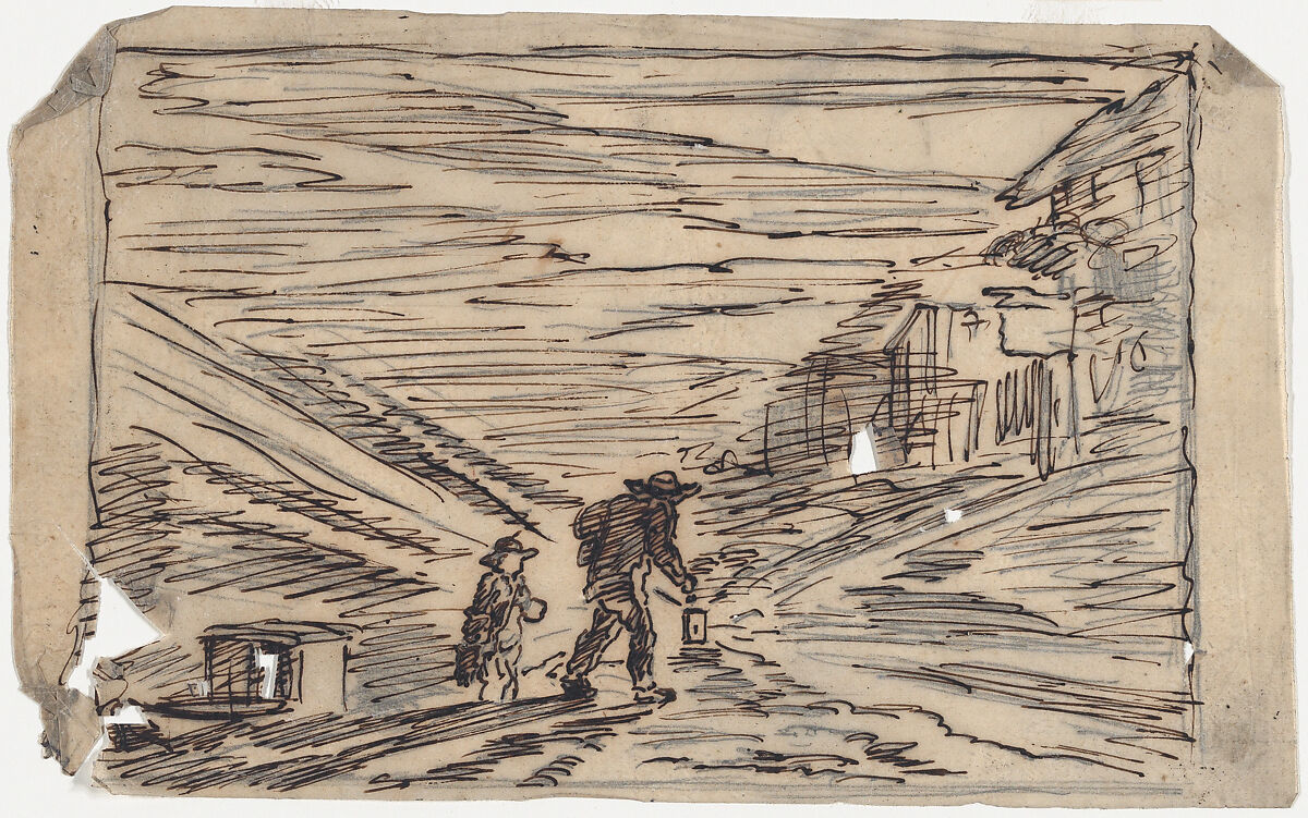 The Search for an Inn, Charles-François Daubigny (French, Paris 1817–1878 Paris), Pen and ink on tracing paper, redrawn in graphite on verso 