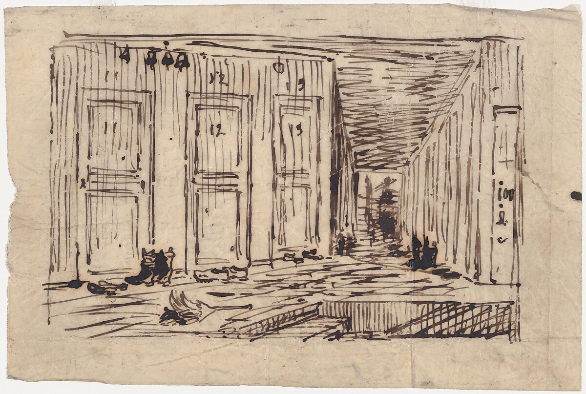 Interior of an Inn or The Corridor of an Inn, Charles-François Daubigny (French, Paris 1817–1878 Paris), Pen and ink on tracing paper 