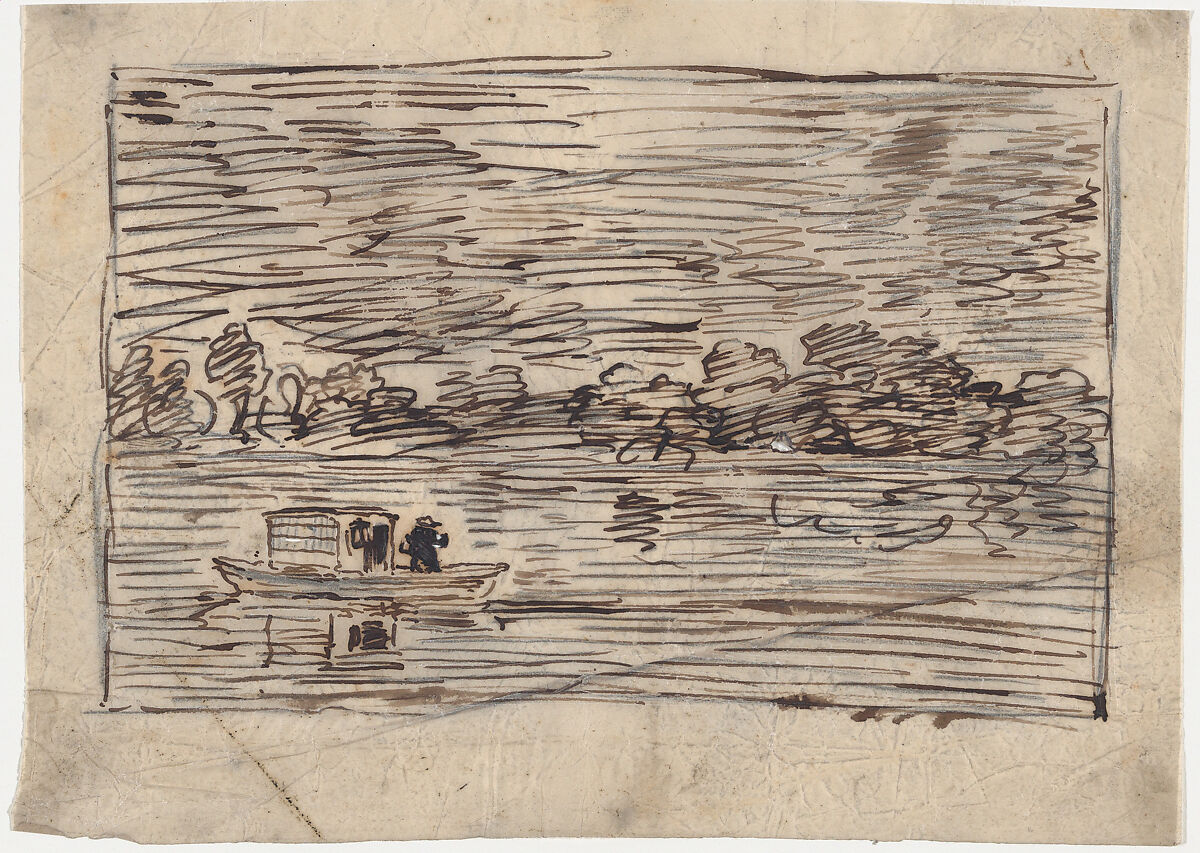 Night Voyage or Net Fishing, Charles-François Daubigny (French, Paris 1817–1878 Paris), Pen and ink on tracing paper, redrawn in graphite on verso 