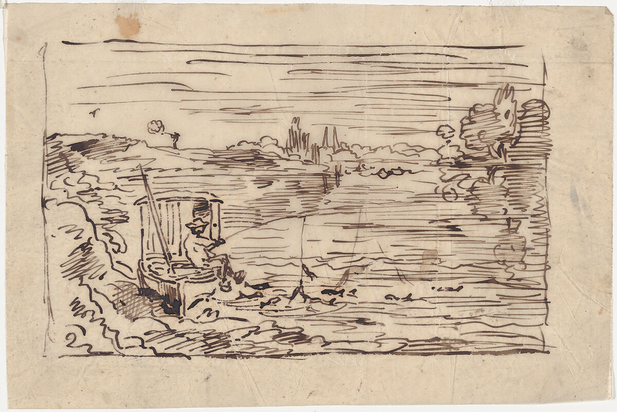 The Cabin Boy Fishing or Line Fishing, Charles-François Daubigny (French, Paris 1817–1878 Paris), Pen and ink on tracing paper, redrawn in graphite on verso 