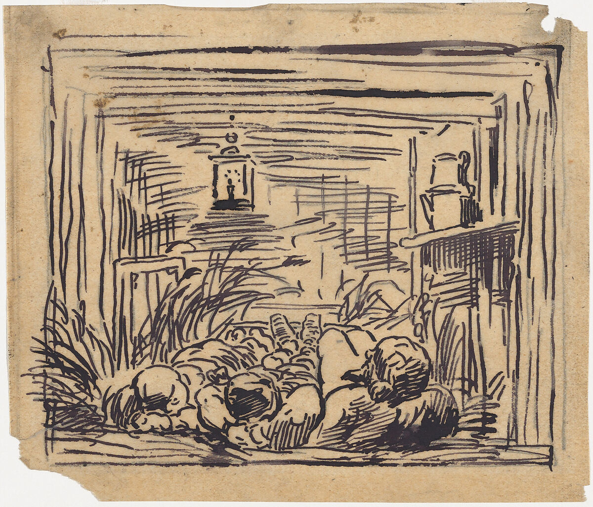 Bedding Down Aboard the Botin or Night on the Boat, Charles-François Daubigny (French, Paris 1817–1878 Paris), Pen and ink on tracing paper, redrawn in graphite on verso 
