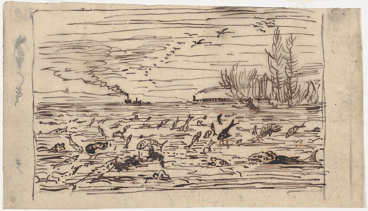 Rejoicing of the Fish at the Departure of the Cabin boy, Charles-François Daubigny (French, Paris 1817–1878 Paris), Pen and ink on tracing paper, redrawn in graphite on verso 