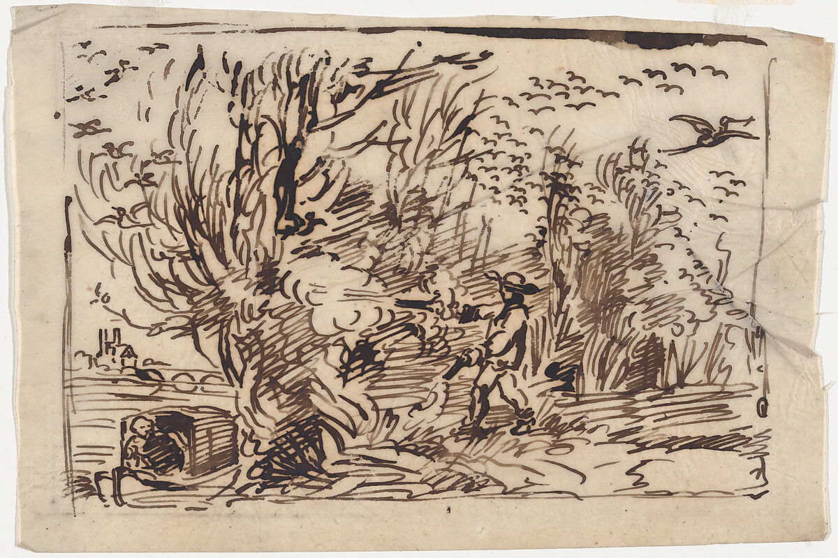 Hunting for Birds: The Cabin Boy Scares the Birds, Charles-François Daubigny (French, Paris 1817–1878 Paris), Pen and ink on tracing paper 