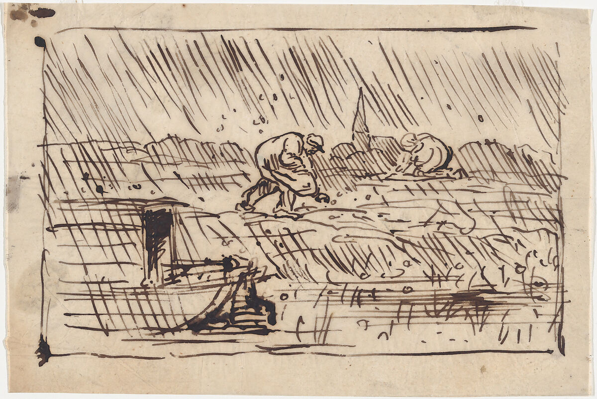 Gleaners in the Hail, Charles-François Daubigny (French, Paris 1817–1878 Paris), Pen and ink on tracing paper 