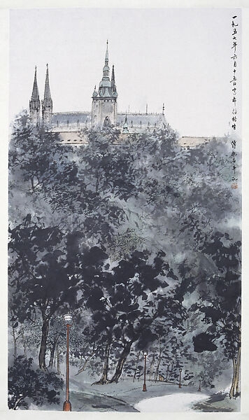 View from the Prague Castle, Fu Baoshi (Chinese, 1904–1965), Hanging scroll; ink and color on paper, China 