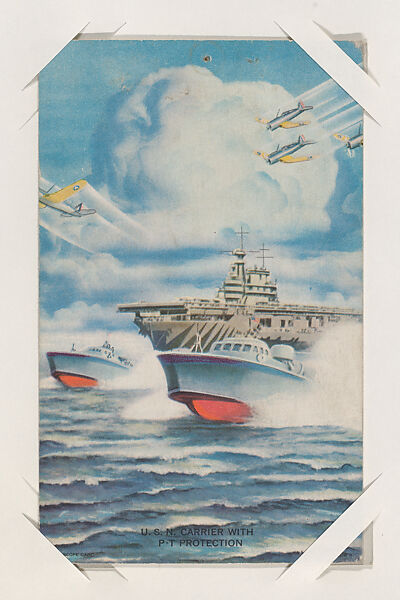 U. S. N. Aircraft Carrier with P-T Protection from Military cards series (W615), International Mutoscope Reel Company, Commercial color photolithograph 