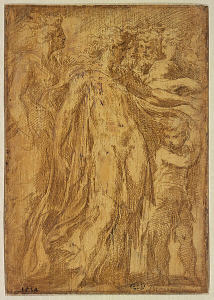 Figures at an Altar, Parmigianino (Girolamo Francesco Maria Mazzola) (Italian, Parma 1503–1540 Casalmaggiore), Metalpoint with white heightening on prepared paper 