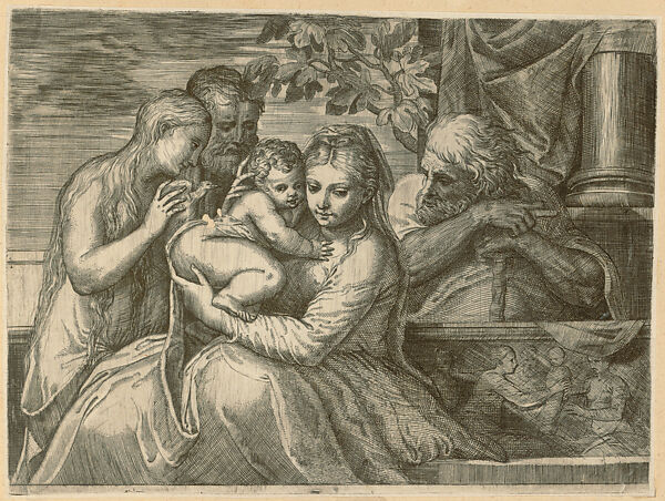 Holy Family with Two Saints, Battista Angolo del Moro (Italian, Verona ca. 1515–ca. 1573 Murano), Etching with engraving and drypoint 