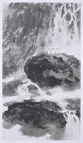 Gazing at a Waterfall, Fu Baoshi (Chinese, 1904–1965), Hanging scroll; ink and color on paper, China 