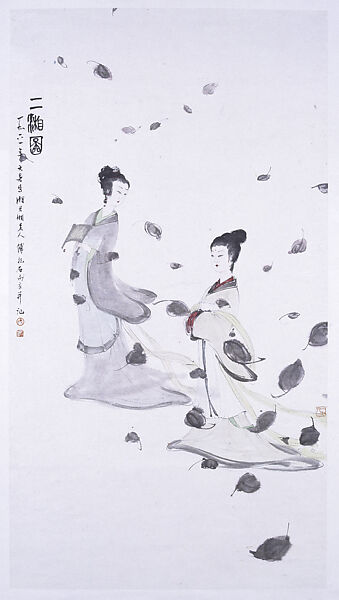 The Two Goddesses of the Xiang River, Fu Baoshi (Chinese, 1904–1965), Hanging scroll; ink and color on paper, China 