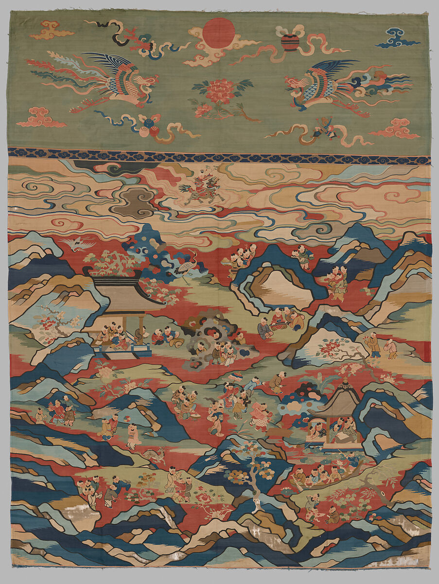 Panel with boys at play, Silk, metal thread, and feather thread tapestry (kesi), China