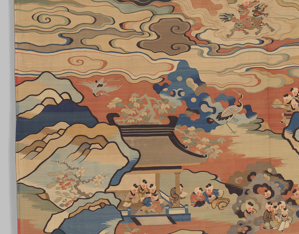 Panel with boys at play, Silk, metal thread, and feather thread tapestry (kesi), China