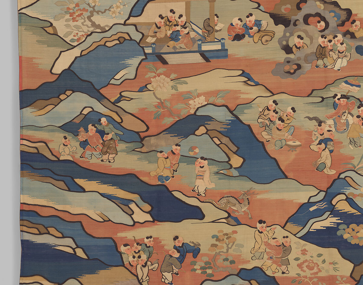 Panel with boys at play, Silk, metal thread, and feather thread tapestry (kesi), China