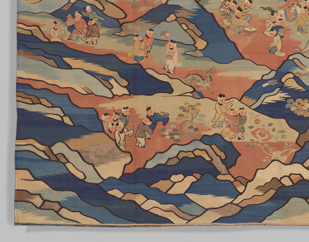 Panel with boys at play, Silk, metal thread, and feather thread tapestry (kesi), China