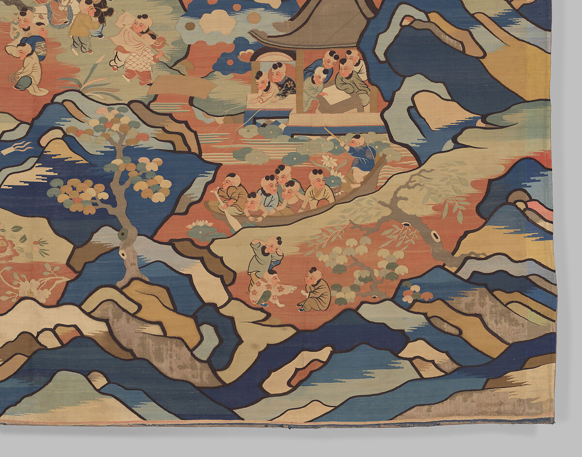 Panel with boys at play, Silk, metal thread, and feather thread tapestry (kesi), China