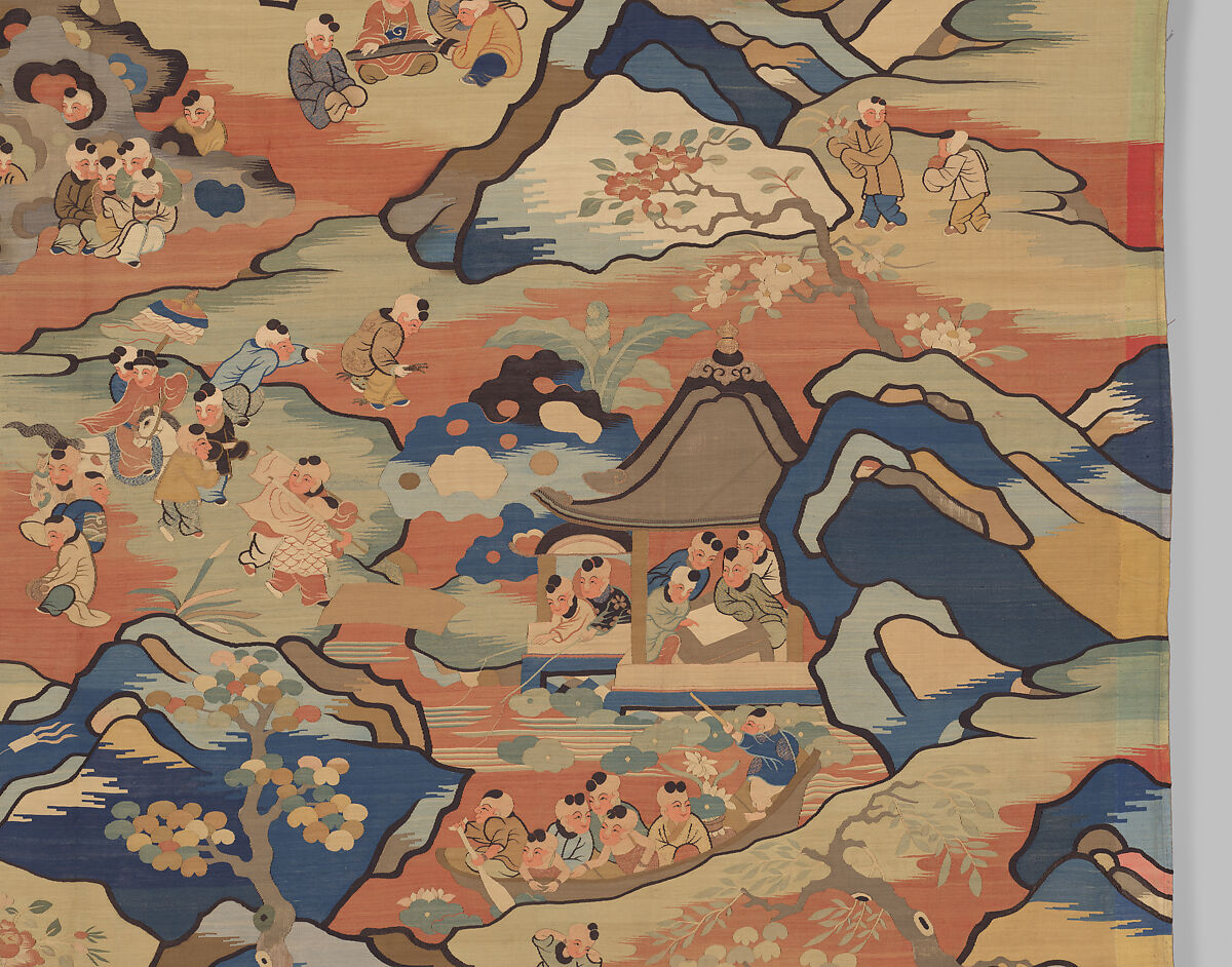 Panel with boys at play, Silk, metal thread, and feather thread tapestry (kesi), China