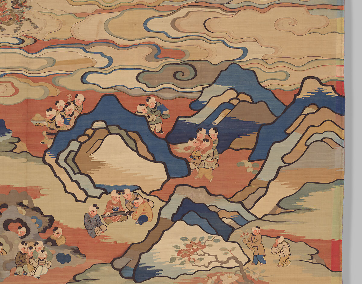 Panel with boys at play, Silk, metal thread, and feather thread tapestry (kesi), China