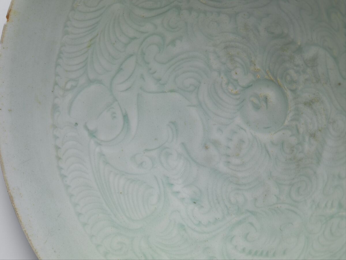 Bowl with two boys and foliage, Porcelain with incised and combed decoration under light-bluish glaze (Jingdezhen Qingbai ware), China