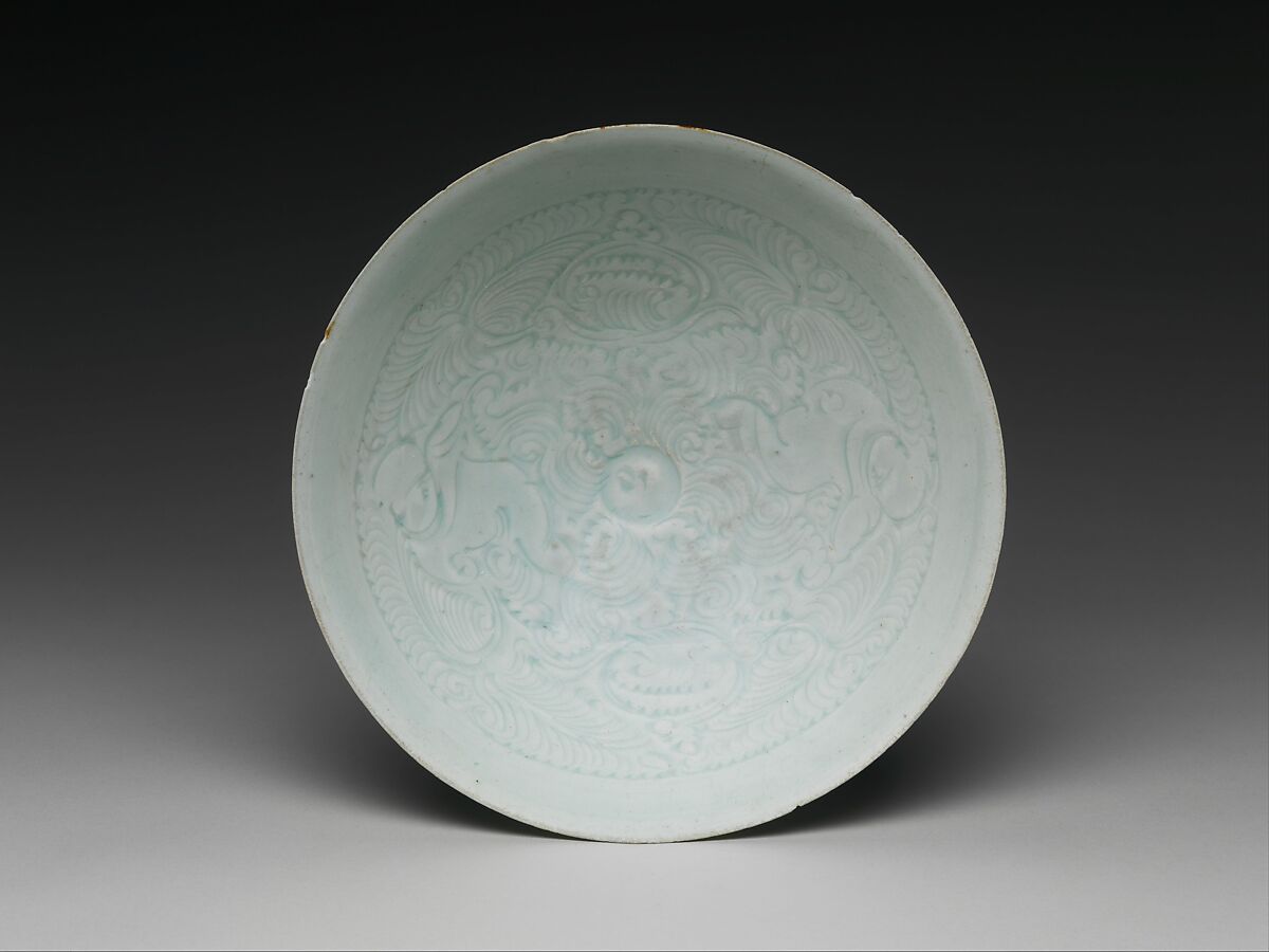 Bowl with two boys and foliage, Porcelain with incised and combed decoration under light-bluish glaze (Jingdezhen Qingbai ware), China 