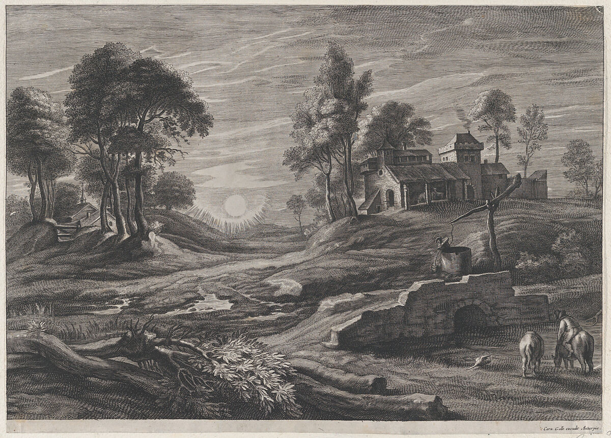 Landscape with Draw-Well, Cornelis Galle I (Netherlandish, Antwerp 1576–1650 Antwerp), Engraving 