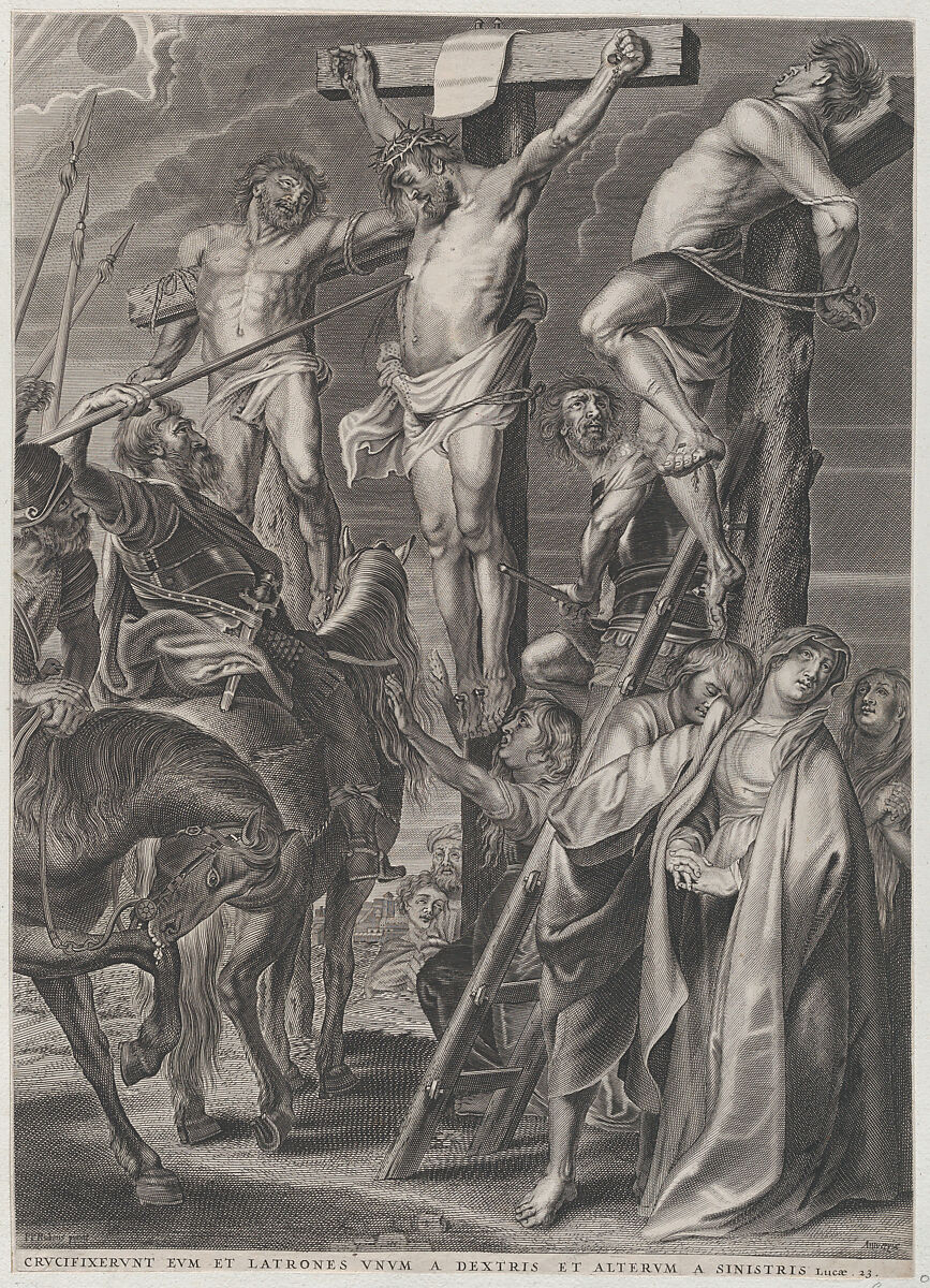 Christ on the cross between the two thieves, Anonymous, Engraving; fourth state of four (?) 