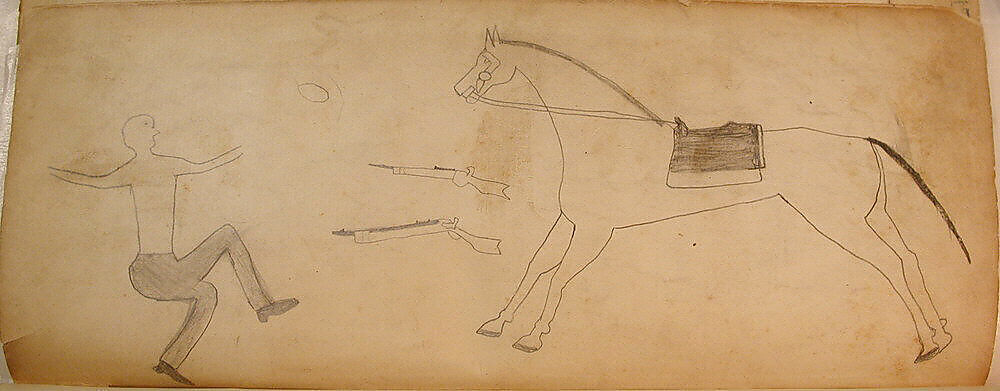 Maffet Ledger: Man, Guns, and Horse, Paper, graphite, watercolor, crayon, Southern and Northern Cheyenne 