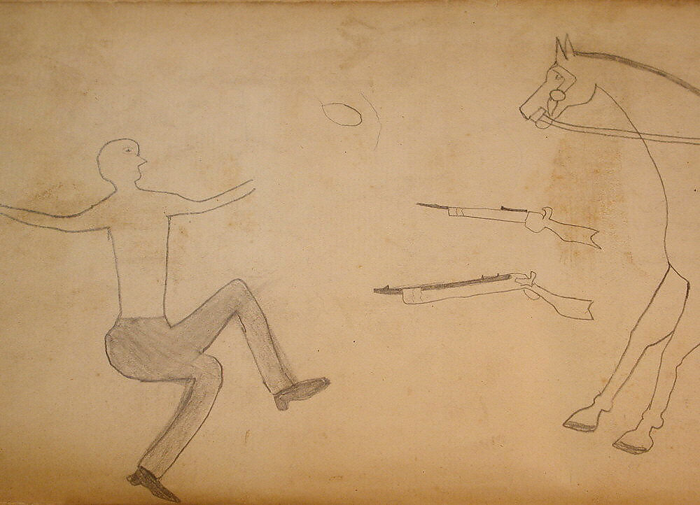 Maffet Ledger: Man, Guns, and Horse, Paper, graphite, watercolor, crayon, Southern and Northern Cheyenne