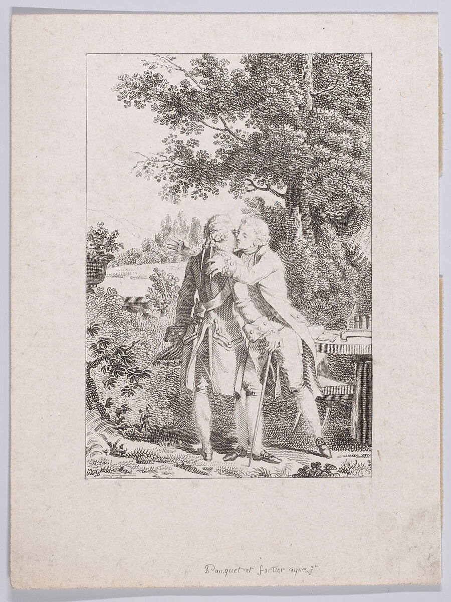 C’est dans un de ces transports d’attendrissement que je dis à M. de Luxembourg en l’embrassant (I said this to M. de Luxembourg as I embraced him during a moment of tenderness), from J. J. Rousseau's "Confessions", After Charles Abraham Chasselat (French, Paris 1782–1843 Paris), Etching 