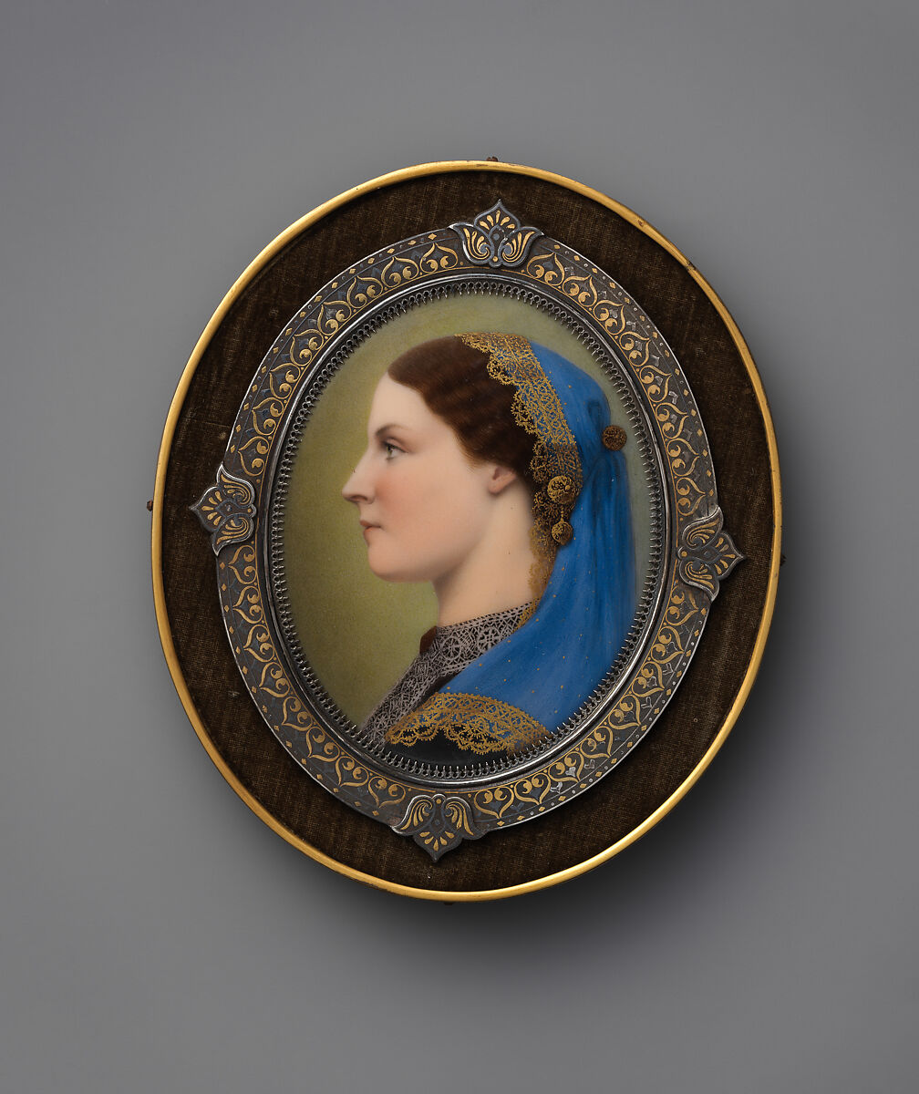 Miniature of Mabel Morrison, Charles Lepec (French, Paris 1830–after 1888), Enamel on copper; Damascened iron frame inlaid with gold and silver; silk velvet., French, Paris 