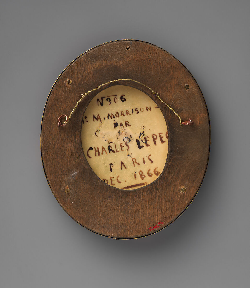 Miniature of Mabel Morrison, Charles Lepec (French, Paris 1830–after 1888), Enamel on copper; Damascened iron frame inlaid with gold and silver; silk velvet., French, Paris