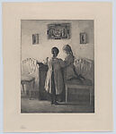 Interior with two girls, one standing and one kneeling on a chair, and three framed silhouettes on the wall