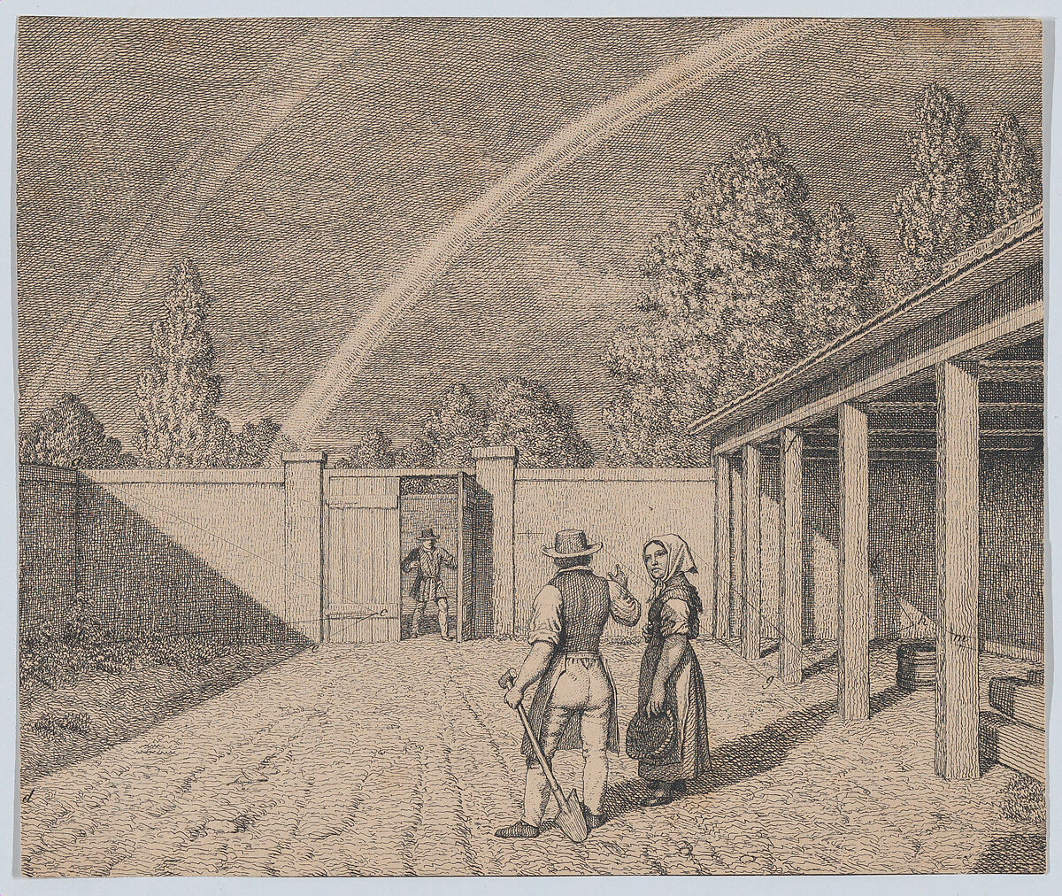 A couple conversing in a stable yard, with a double rainbow overhead, from 'Linear Perspective, Applied to the Art of Painting', Christoffer Wilhelm Eckersberg (Danish, Blåkrog 1783–1853 Copenhagen), Etching 