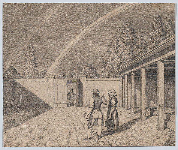 A couple conversing in a stable yard, with a double rainbow overhead, from 'Linear Perspective, Applied to the Art of Painting'