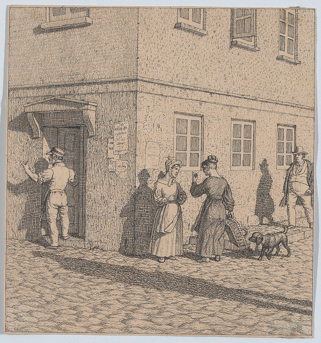 Two women conversing on a street corner, from "Linear Perspective, Applied to the Art of Painting", Christoffer Wilhelm Eckersberg (Danish, Blåkrog 1783–1853 Copenhagen), Etching 